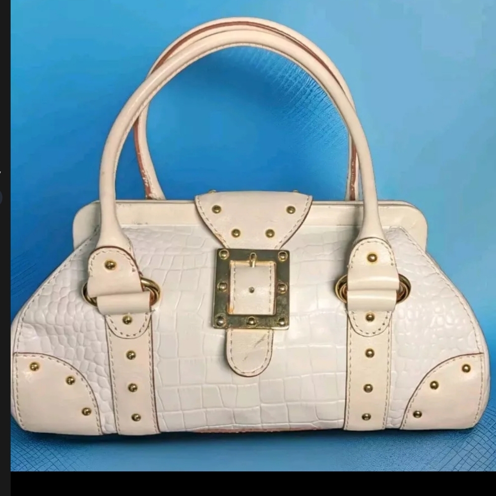 MICHAEL KORS Vintage Purse White Croc Embossed Leather Top Handle Gold Embelish